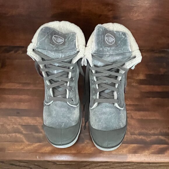Palladium Women's Baggy High Top Lace Up Leather Distressed Grey Sherpa Size 10 - Picture 4 of 10